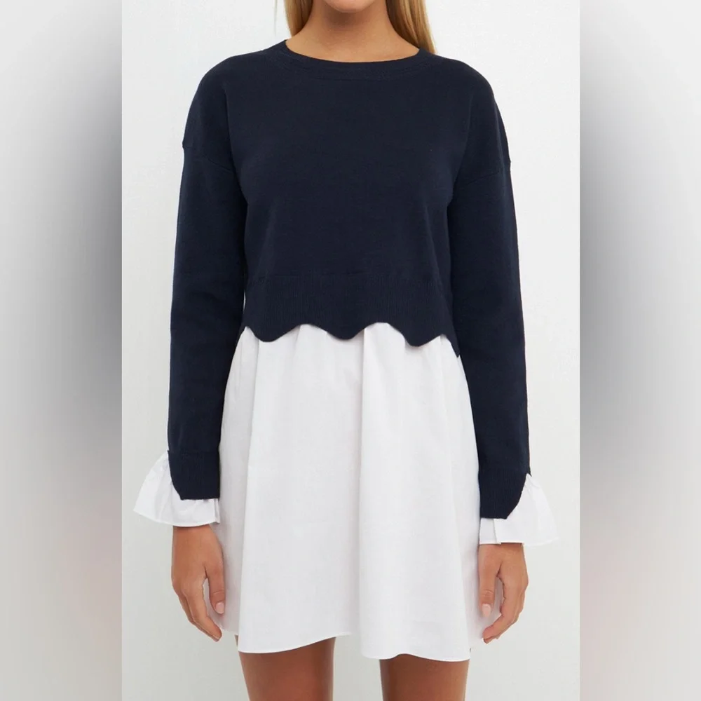 English Factory Scalloped Knit Poplin Combo Dress - Size Large - Picture 4 of 7